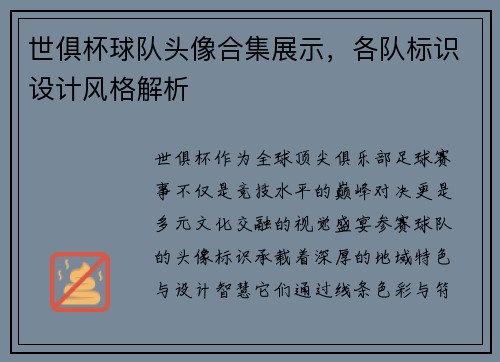 世俱杯球队头像合集展示，各队标识设计风格解析